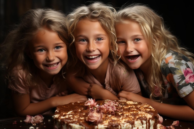 Kinderen maken plezier en spelen rond de taart