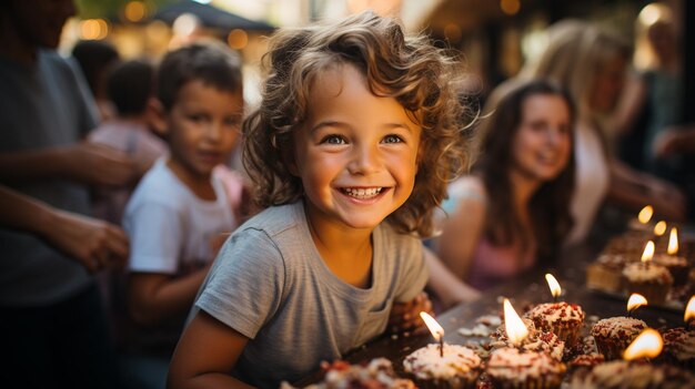 Kinderen maken plezier en spelen rond de taarttafel