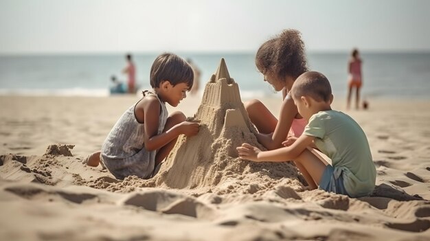 Kinderen maken zandkastelen op het strand Neuraal netwerk gegenereerde kunst