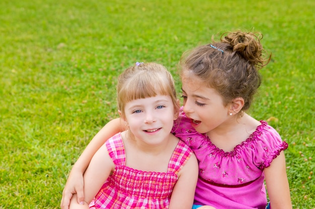 kinderen meisjes knuffel in groen gras