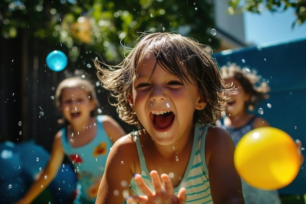 Kinderen met een speelse waterballon gevecht in een achtertuin hun uitdrukkingen vol kwaadheid schot