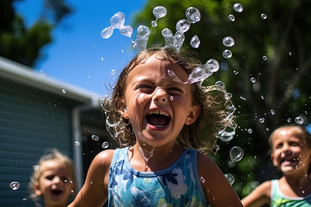 Kinderen met een speelse waterballon gevecht in een achtertuin hun uitdrukkingen vol kwaadheid schot