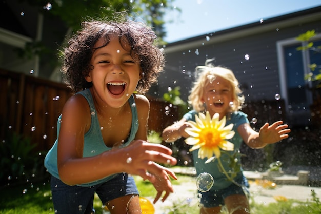 Kinderen met een speelse waterballon gevecht in een achtertuin hun uitdrukkingen vol kwaadheid schot