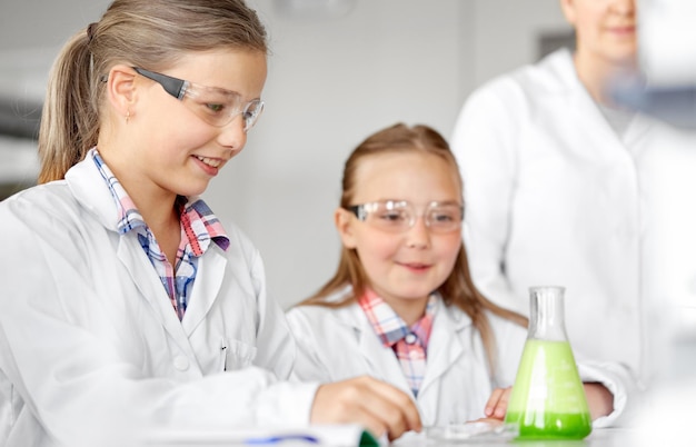 Kinderen met een testbuis die scheikunde studeren op school.