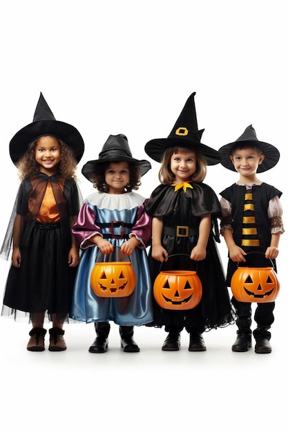 kinderen met gezicht verf en halloween kostuums geïsoleerd in wit