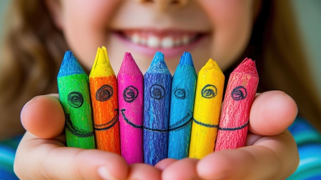 Kinderen met glimlachende potloden met getekende gezichten