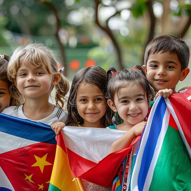 kinderen met hun landvlag vieren kinderdag