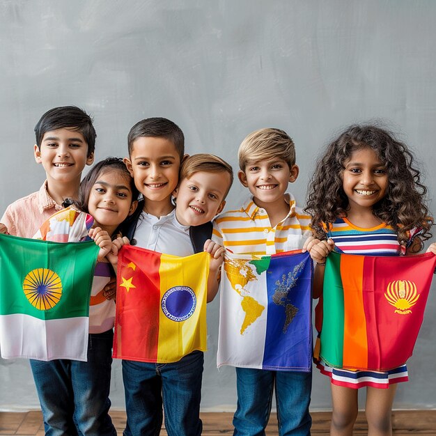 kinderen met hun landvlag vieren kinderdag