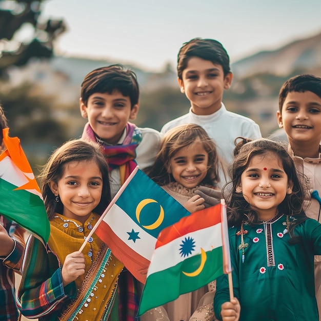 kinderen met hun landvlag vieren kinderdag