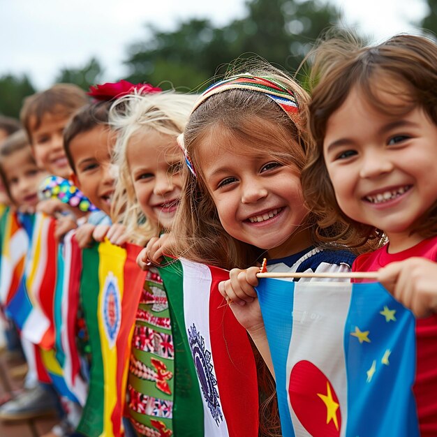 kinderen met hun landvlag vieren kinderdag