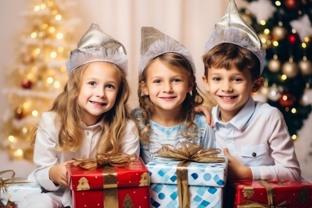 Kinderen met kerstcadeau in een witte kamer Gelukkigste moment van de avond Vakantie voor elk kind