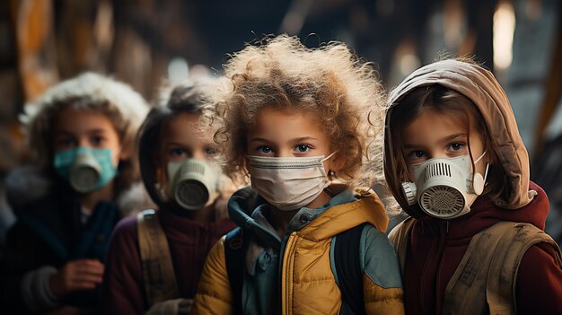 Kinderen met maskers laten we virussen blokkeren