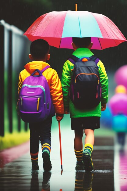 Foto kinderen met rugzak naar school gaan