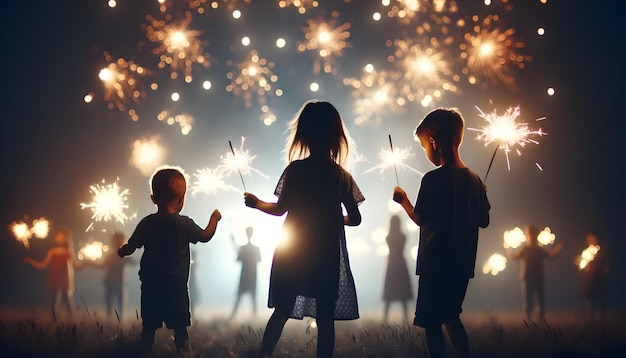 kinderen met vonken in een donkere hemel met vuurwerk achter hen