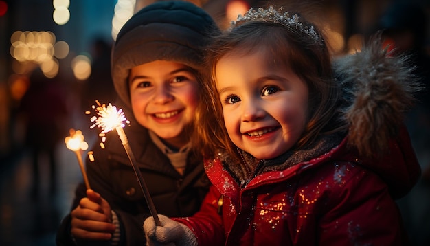 Kinderen met vuurwerk stok vakantie dynamische ansichtkaart gelukkige kinderen houden een aangestoken vuurwerk