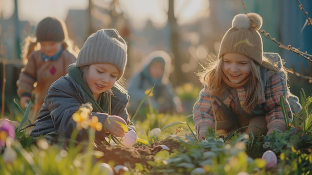 Kinderen ontdekken met vreugde paaseieren in de tuin