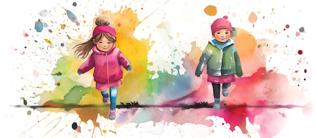 Kinderen op een kleurrijke achtergrond Wereldkinderdag Aquarelillustratie Generatieve AI