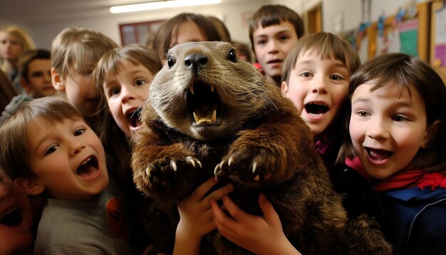 kinderen op een schoolfestival die zich bezighouden met Groundhog Day ambachten en activiteiten zoals het maken van groundhog