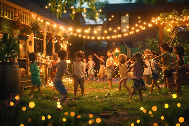Kinderen organiseren een dansfeestje in de achtertuin voor een feest.