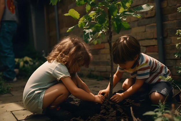 Foto kinderen planten een boom in hun achtertuin op aardedag.