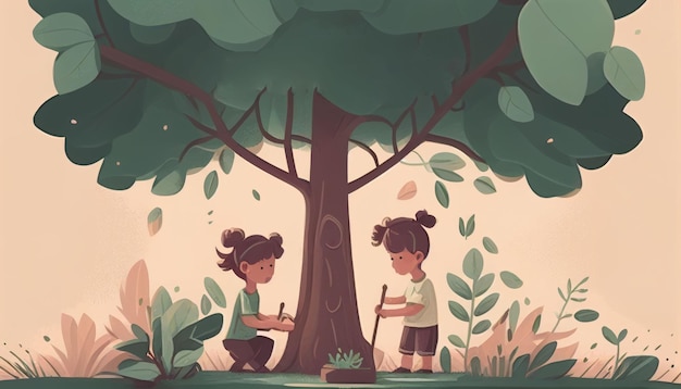Kinderen planten een boom voor de gezondheid van de wereld en het milieu Gemaakt met generatieve AI-technologie