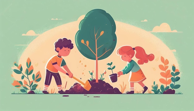 Kinderen planten een boom voor de gezondheid van de wereld en het milieu Gemaakt met generatieve AI-technologie