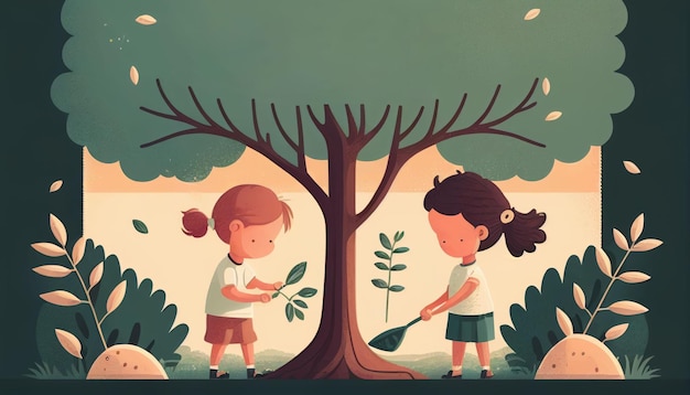 Kinderen planten een boom voor de gezondheid van de wereld en het milieu Gemaakt met generatieve AI-technologie