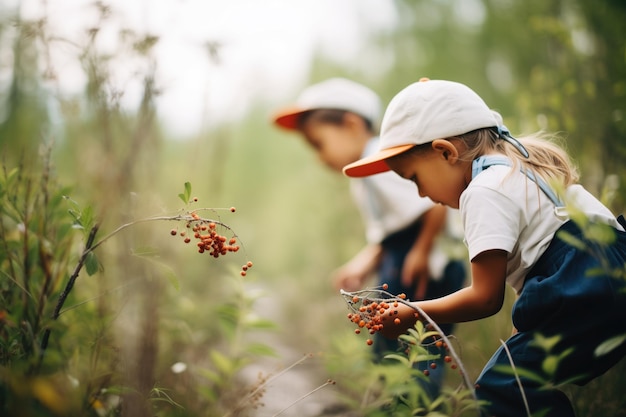 Kinderen plukken wilde bessen langs een natuurpad