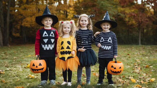 Kinderen poseren in een Halloween kostuum.
