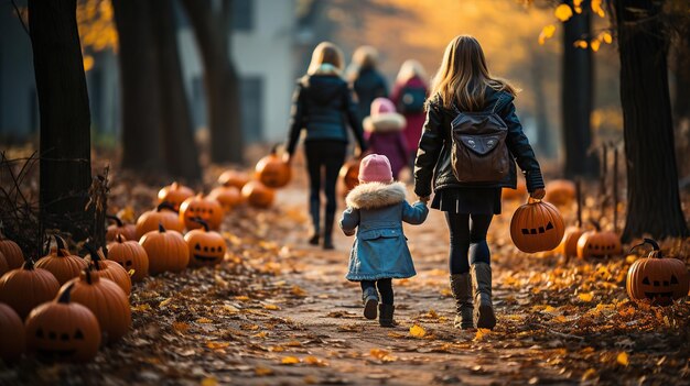 Kinderen rennen door het bos in de herfst