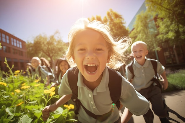 Foto kinderen rennen gelukkig naar het schoolgebouw in een natuurlijk landschap