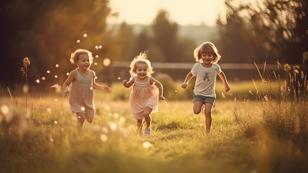 Kinderen rennen in het zomerbloemenveld. Gelukkig kindertijdconcept gegenereerd door AI.