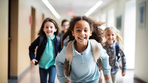 Foto kinderen rennen opgewonden door de gang van de school en willen graag aan het nieuwe schooljaar beginnen