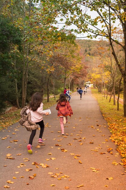 Foto kinderen rennen over een weg met gele bladeren in de herfst