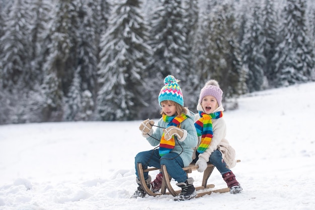 Kinderen rijden op een houten retro slee op een winterdag. Actieve winter buitenspelen. Fijne kerstvakantie.