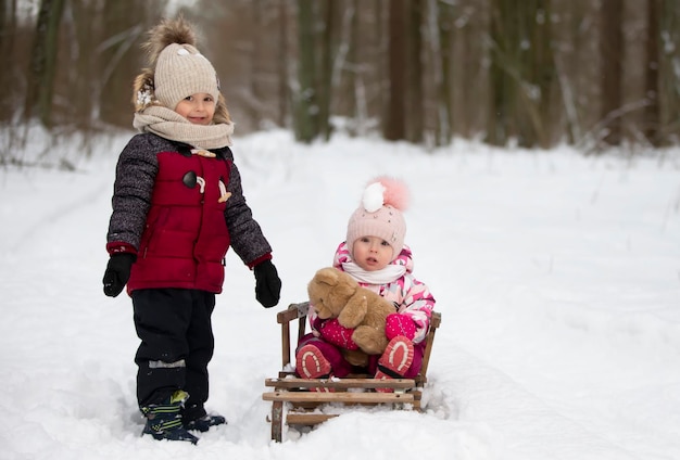 Kinderen rijden op een vintage houten slee tegen de achtergrond van een winterbos