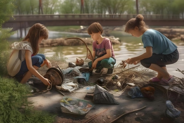 Foto kinderen ruimen afval op bij de rivier wereldschoonmaak of dag van de aarde generatieve ai 2