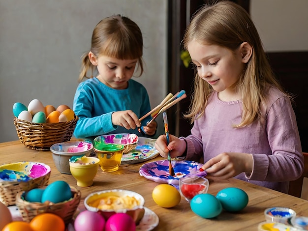 Kinderen schilderen eieren voor Paasmaandag.