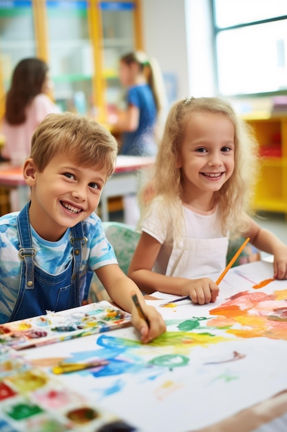 Kinderen schilderen met aquarellen op school