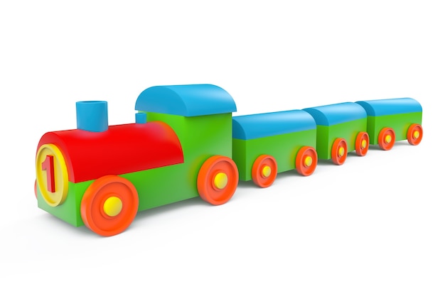 Kinderen speelgoed veelkleurige plastic trein op een witte achtergrond