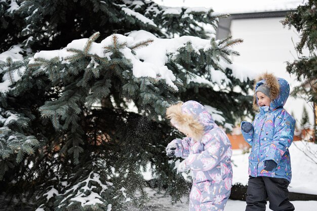 Kinderen spelen buiten in de sneeuw Twee zusjes in de buurt van de kerstboom in de winter