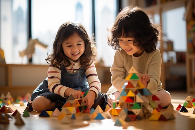 Kinderen spelen energiek met houten blokken