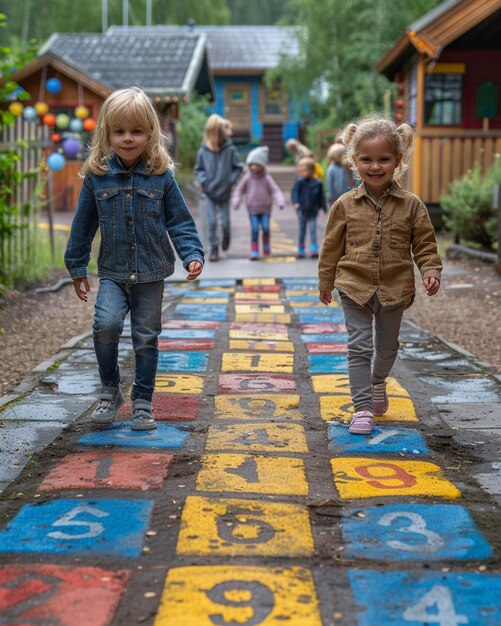 Foto kinderen spelen hopscotch op het behang van de school