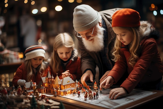 kinderen spelen in de speelgoedwinkel op kerstmis