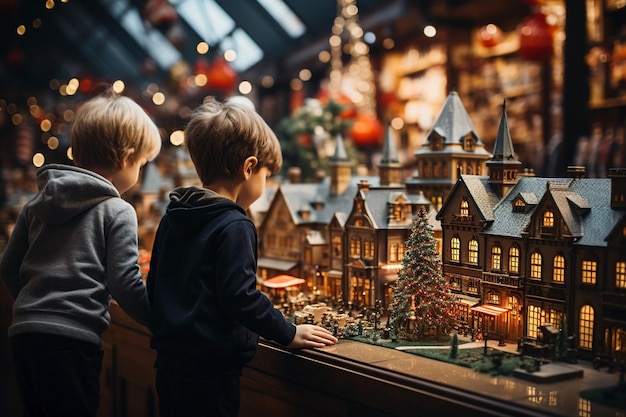 kinderen spelen in de speelgoedwinkel op kerstmis