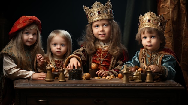 Kinderen spelen in de werkplaats van de mooie wijze mannen.