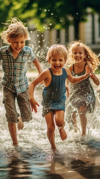 Kinderen spelen in een plas waarvan er één in het water rent