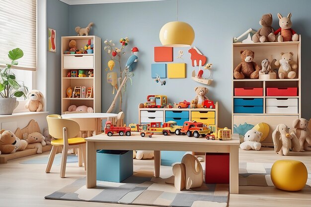 Foto kinderen spelen in een speelkamer met opslagkasten, een tafel en veel speelgoed.