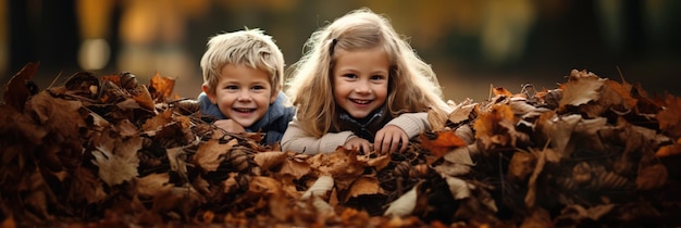 Kinderen spelen in een stapel bladeren in het park