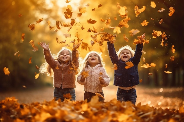 Kinderen spelen in een stapel herfstbladeren die ze in de lucht gooien Kinderdag